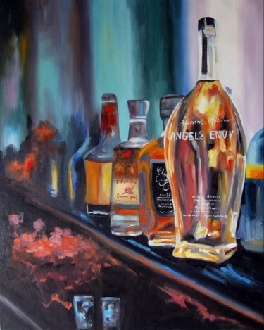 Painting titled "Bottle wine 001" by Lermay Chang, Original Artwork, Oil Mounted on Wood Stretcher frame