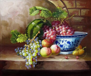 Painting titled "Fruit and china 103" by Lermay Chang, Original Artwork, Oil Mounted on Wood Stretcher frame