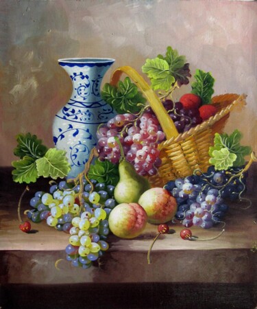 Painting titled "Fruit and china 104" by Lermay Chang, Original Artwork, Oil Mounted on Wood Stretcher frame