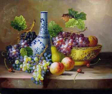 Painting titled "Fruit and china 107" by Lermay Chang, Original Artwork, Oil Mounted on Wood Stretcher frame