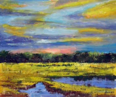 Painting titled "Sunset glow 008" by Lermay Chang, Original Artwork, Oil Mounted on Wood Stretcher frame