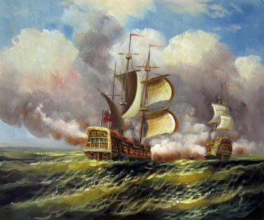 Painting titled "Naval battle 003" by Lermay Chang, Original Artwork, Oil Mounted on Wood Stretcher frame