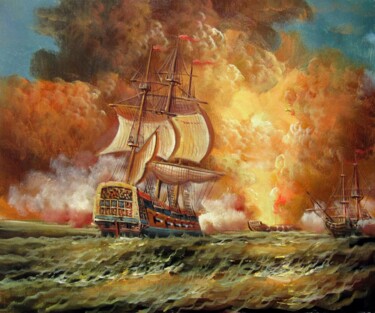 Painting titled "Naval battle 006" by Lermay Chang, Original Artwork, Oil Mounted on Wood Stretcher frame