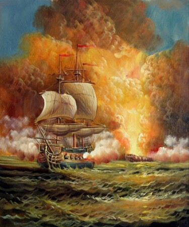 Painting titled "Naval battle 007" by Lermay Chang, Original Artwork, Oil Mounted on Wood Stretcher frame