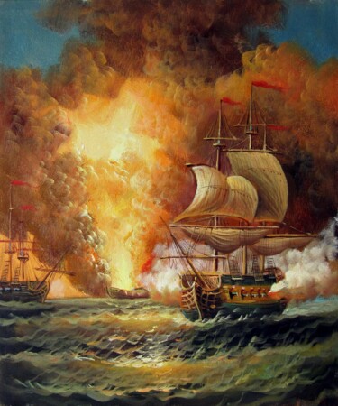 Painting titled "Naval battle 009" by Lermay Chang, Original Artwork, Oil Mounted on Wood Stretcher frame