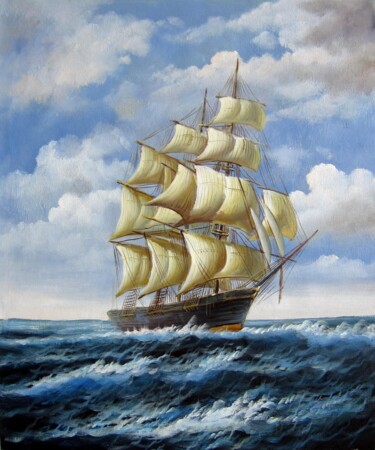 Painting titled "Tall Ship sailing 0…" by Lermay Chang, Original Artwork, Oil Mounted on Wood Stretcher frame