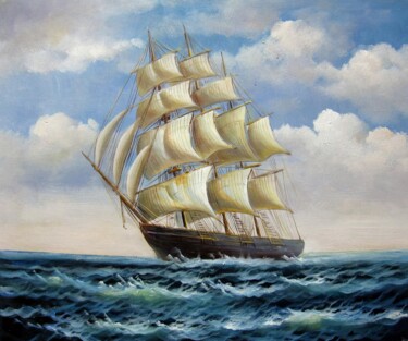 Malarstwo zatytułowany „Tall Ship sailing 0…” autorstwa Lermay Chang, Oryginalna praca, Olej Zamontowany na Drewniana rama n…