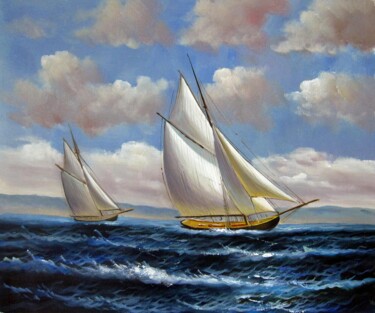 Malarstwo zatytułowany „Tall Ship sailing 0…” autorstwa Lermay Chang, Oryginalna praca, Olej Zamontowany na Drewniana rama n…