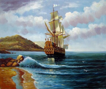 Painting titled "Tall Ship sailing 0…" by Lermay Chang, Original Artwork, Oil Mounted on Wood Stretcher frame