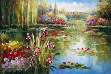 Painting titled "Waterlily #105" by Lermay Chang, Original Artwork, Oil Mounted on Wood Stretcher frame