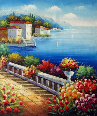 Painting titled "Mediterranean 093" by Lermay Chang, Original Artwork, Oil Mounted on Wood Stretcher frame