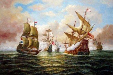 Painting titled "Naval battle 114" by Lermay Chang, Original Artwork, Oil Mounted on Wood Stretcher frame