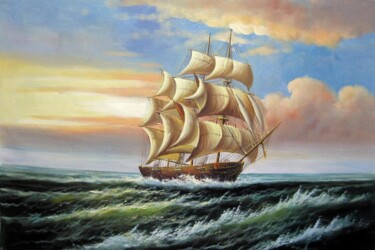Painting titled "Tall Ship sailing 1…" by Lermay Chang, Original Artwork, Oil Mounted on Wood Stretcher frame