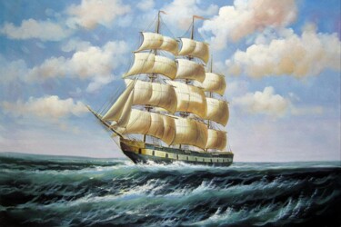 Painting titled "Tall Ship sailing 1…" by Lermay Chang, Original Artwork, Oil Mounted on Wood Stretcher frame