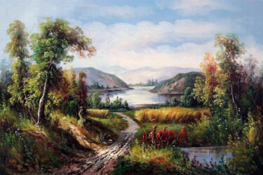 Painting titled "Lakeview 008" by Lermay Chang, Original Artwork, Oil Mounted on Wood Stretcher frame