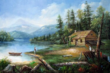 Painting titled "Lakeview 011" by Lermay Chang, Original Artwork, Oil Mounted on Wood Stretcher frame