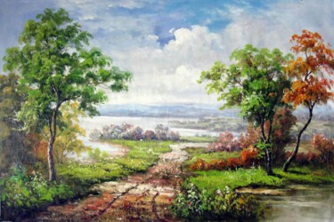 Painting titled "Lakeview 017" by Lermay Chang, Original Artwork, Oil Mounted on Wood Stretcher frame