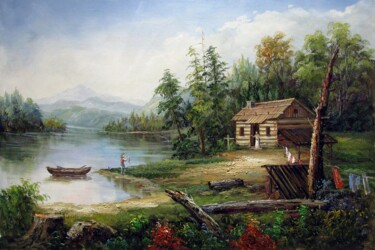 Painting titled "Lakeview 019" by Lermay Chang, Original Artwork, Oil Mounted on Wood Stretcher frame