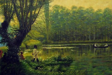 Painting titled "Fishing #001" by Lermay Chang, Original Artwork, Oil Mounted on Wood Stretcher frame