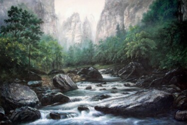 Painting titled "Stream 001" by Lermay Chang, Original Artwork, Oil Mounted on Wood Stretcher frame