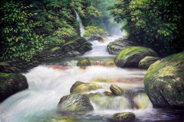 Painting titled "Stream 002" by Lermay Chang, Original Artwork, Oil Mounted on Wood Stretcher frame