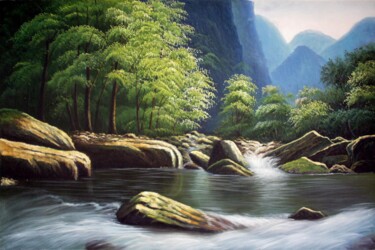 Painting titled "Stream 003" by Lermay Chang, Original Artwork, Oil Mounted on Wood Stretcher frame