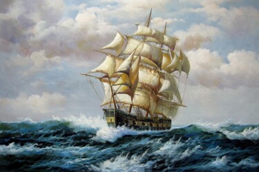 Malarstwo zatytułowany „Tall Ship sailing 1…” autorstwa Lermay Chang, Oryginalna praca, Olej Zamontowany na Drewniana rama n…