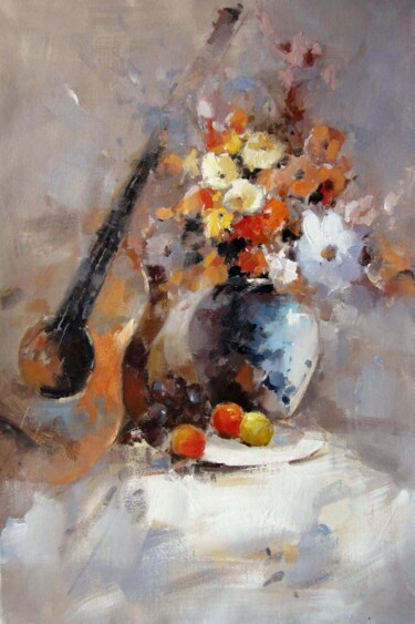 Painting titled "Flower instrument 0…" by Lermay Chang, Original Artwork, Oil Mounted on Wood Stretcher frame