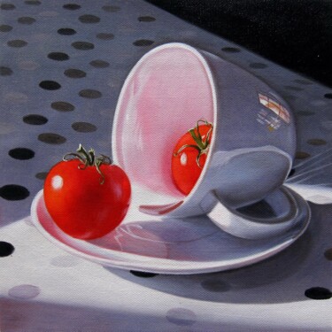 Peinture intitulée "Cup and tomato 001D" par Lermay Chang, Œuvre d'art originale, Huile Monté sur Châssis en bois