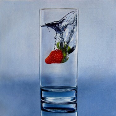 Painting titled "Strawberry in water…" by Lermay Chang, Original Artwork, Oil Mounted on Wood Stretcher frame