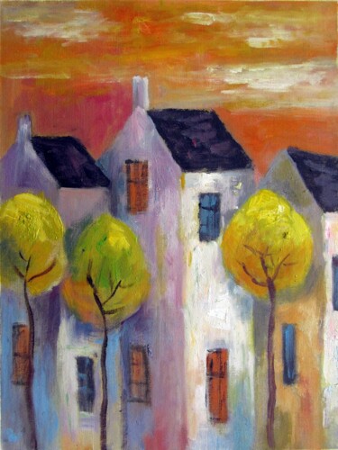 Painting titled "House 701" by Lermay Chang, Original Artwork, Oil Mounted on Wood Stretcher frame