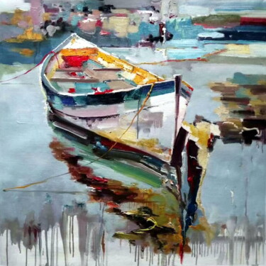 Painting titled "Boat 502D" by Lermay Chang, Original Artwork, Oil Mounted on Wood Stretcher frame