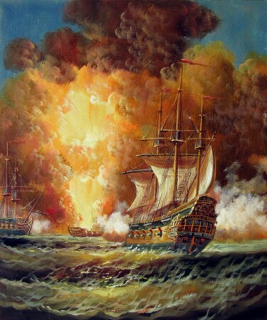 Painting titled "Naval battle 011" by Lermay Chang, Original Artwork, Oil Mounted on Wood Stretcher frame