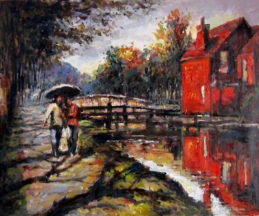 Painting titled "Street Scene #001B" by Lermay Chang, Original Artwork, Oil Mounted on Wood Stretcher frame