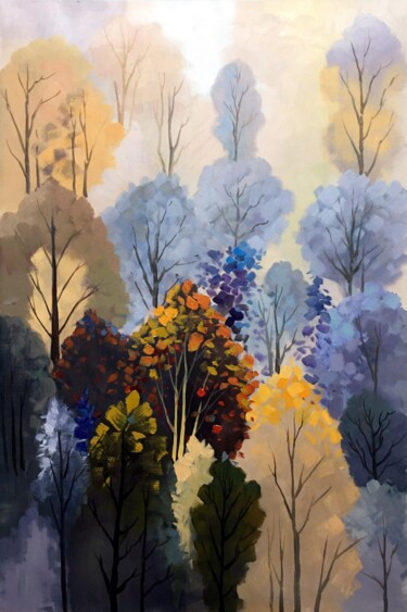 Painting titled "Forest #102D" by Lermay Chang, Original Artwork, Oil Mounted on Wood Stretcher frame