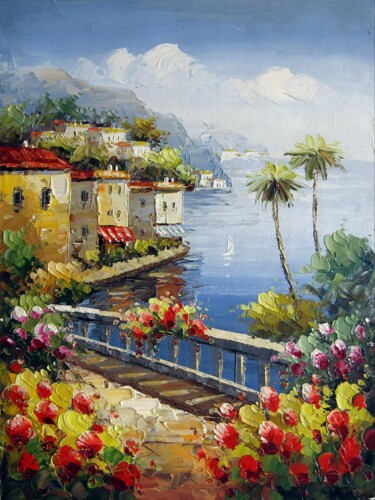 Painting titled "Mediterranean 214" by Lermay Chang, Original Artwork, Oil Mounted on Wood Stretcher frame