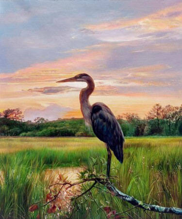 Painting titled "Crane in country 00…" by Lermay Chang, Original Artwork, Oil