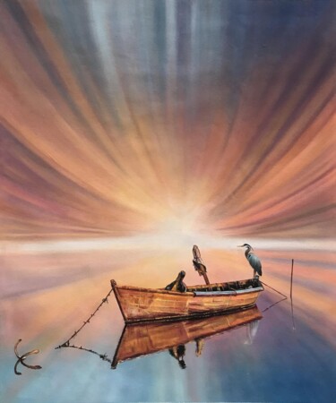Картина под названием "Crane on boat" - Lermay Chang, Подлинное произведение искусства, Масло Установлен на Деревянная рама…