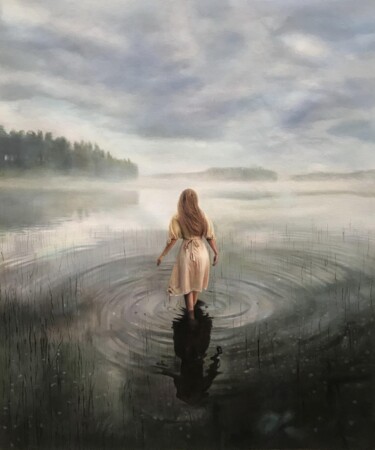 Malarstwo zatytułowany „Girl walkin water 0…” autorstwa Lermay Chang, Oryginalna praca, Olej Zamontowany na Drewniana rama n…