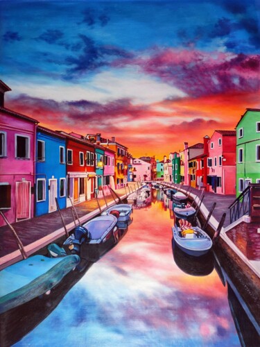 Painting titled "Burano Canals 01D" by Lermay Chang, Original Artwork, Oil