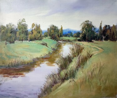 Painting titled "Creek 002D" by Lermay Chang, Original Artwork, Oil Mounted on Wood Stretcher frame