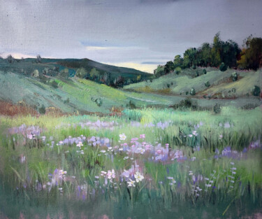 Painting titled "Flower Field 001D" by Lermay Chang, Original Artwork, Oil Mounted on Wood Stretcher frame