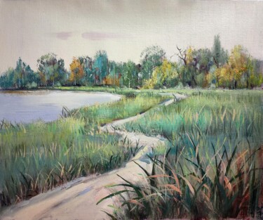 Painting titled "Lakeside 004D" by Lermay Chang, Original Artwork, Oil Mounted on Wood Stretcher frame