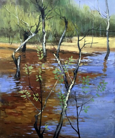 Painting titled "Lakeside 005D" by Lermay Chang, Original Artwork, Oil Mounted on Wood Stretcher frame