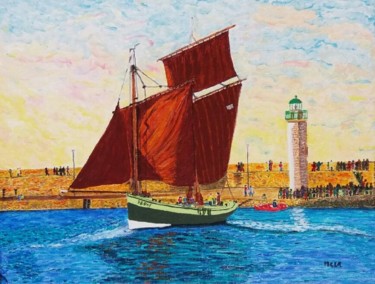 Vieux gréements dans le port de Binic (Côtes d'Armor) France Картина под названием "Vieux gréements dan…" - Marie-Claude Le Roux, Подлинное произведение искусства, Акрил