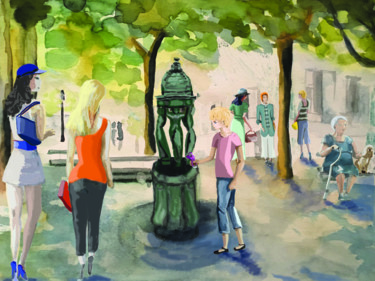 Painting titled "fontaine-w.jpg" by Andrée, Original Artwork, Watercolor