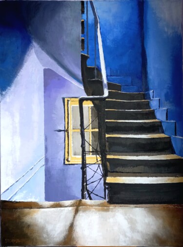 Painting titled "Escalier, folies be…" by Les Ombres De Juillet, Original Artwork, Oil Mounted on Wood Stretcher frame