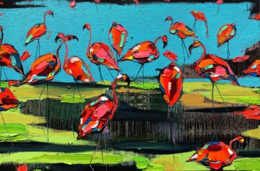Painting titled "Flamingo - tropical…" by Les Panchyshyn, Original Artwork, Oil Mounted on Wood Stretcher frame
