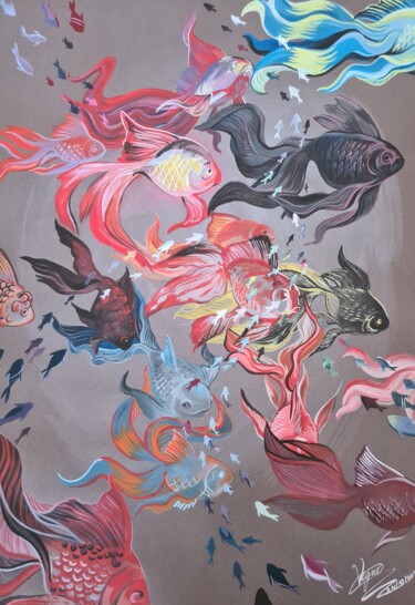 Картина под названием "La fish multicolore" - Les Pinceaux De La Vigne, Подлинное произведение искусства, Акрил