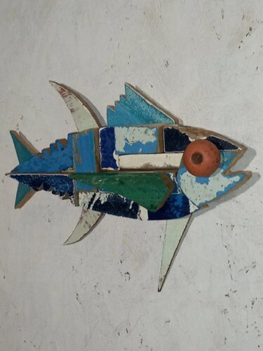 Sculpture intitulée "petit poisson mosaï…" par Jean René Petibon, Œuvre d'art originale, Bois